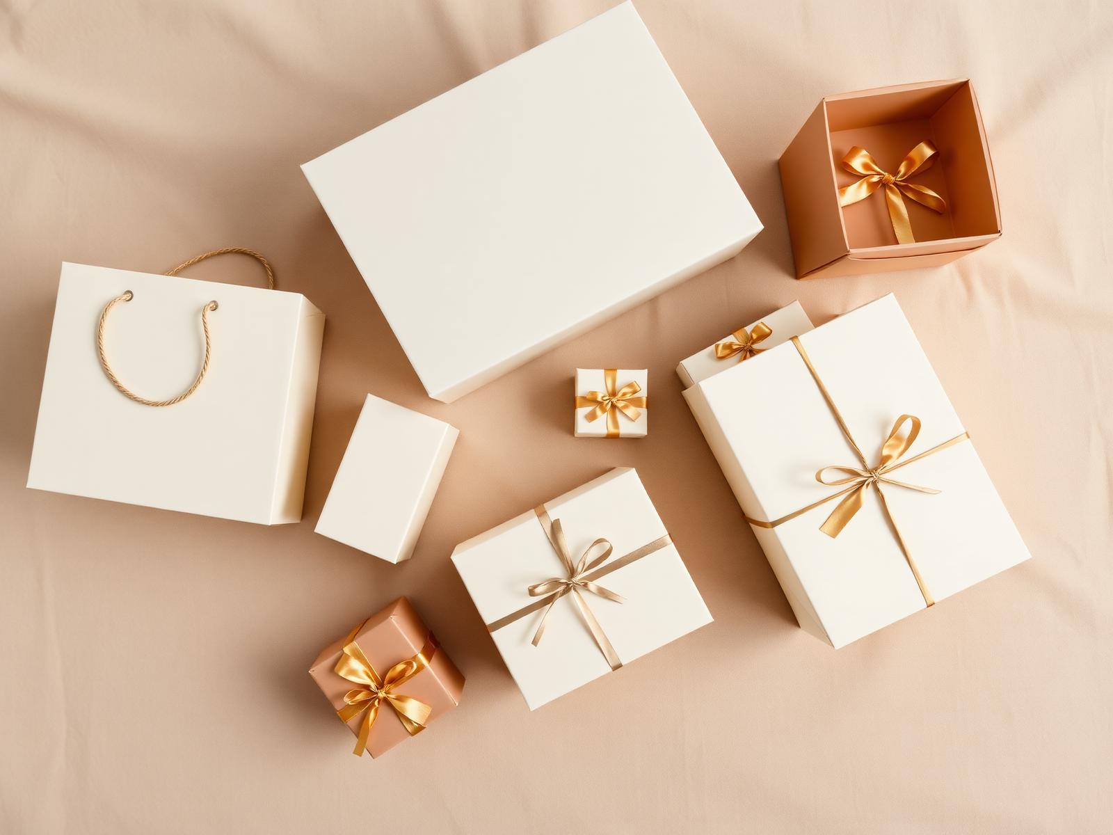 Curated arrangement of cream and ivory packaging with gold ribbon details